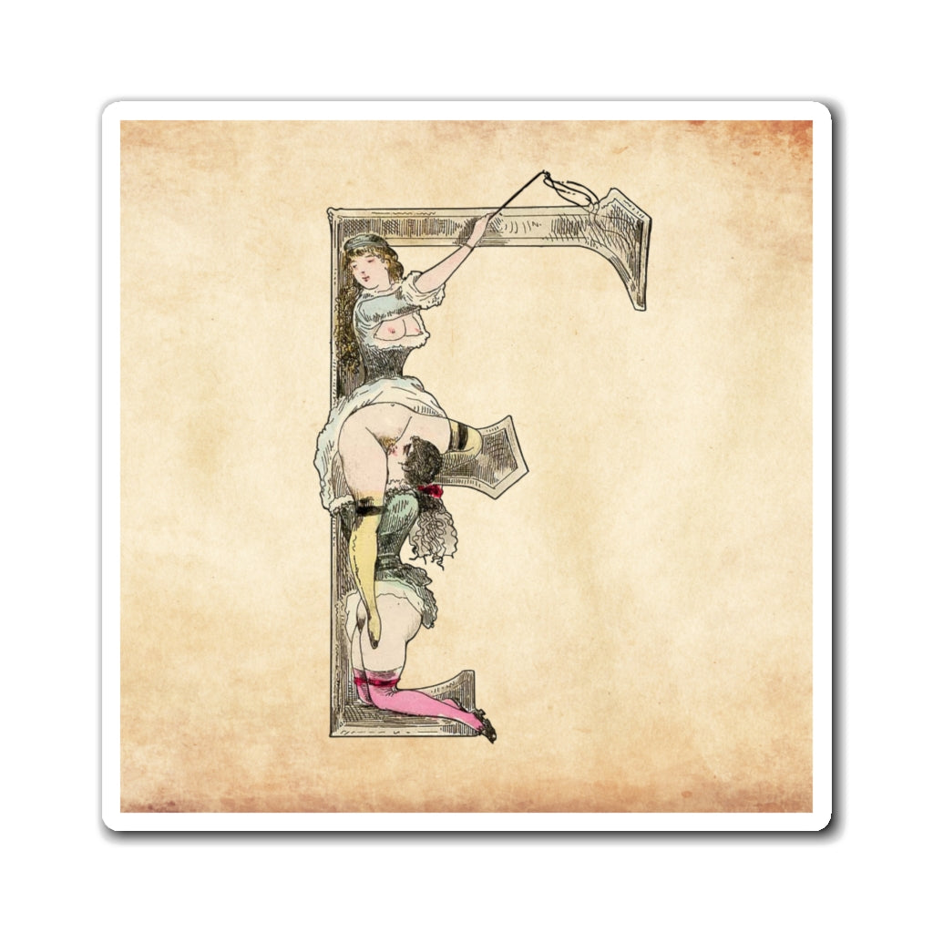 Magnet featuring the letter F from the Erotic Alphabet, 1880, by French artist Joseph Apoux (1846-1910).