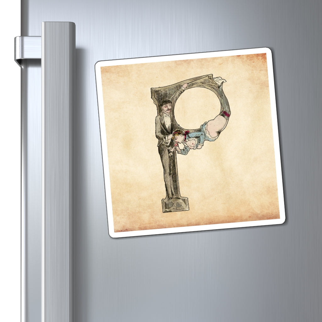 Magnet featuring the letter P from the Erotic Alphabet, 1880, by French artist Joseph Apoux (1846-1910).