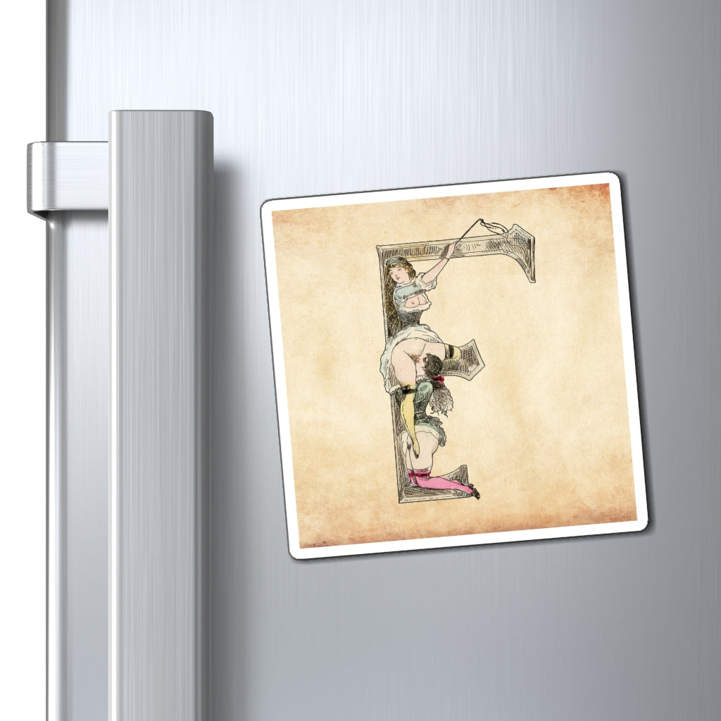 Magnet featuring the letter F from the Erotic Alphabet, 1880, by French artist Joseph Apoux (1846-1910).