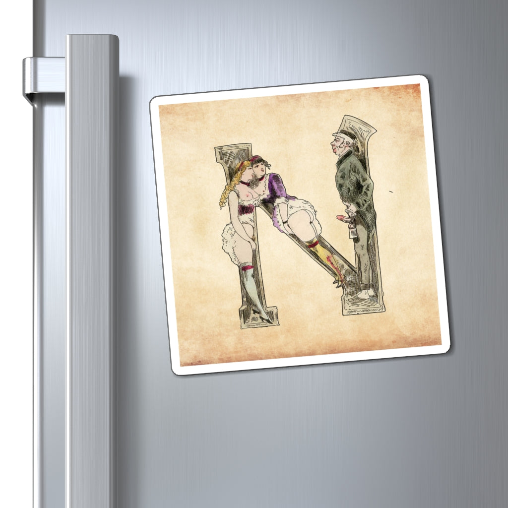 Magnet featuring the letter N from the Erotic Alphabet, 1880, by French artist Joseph Apoux (1846-1910).